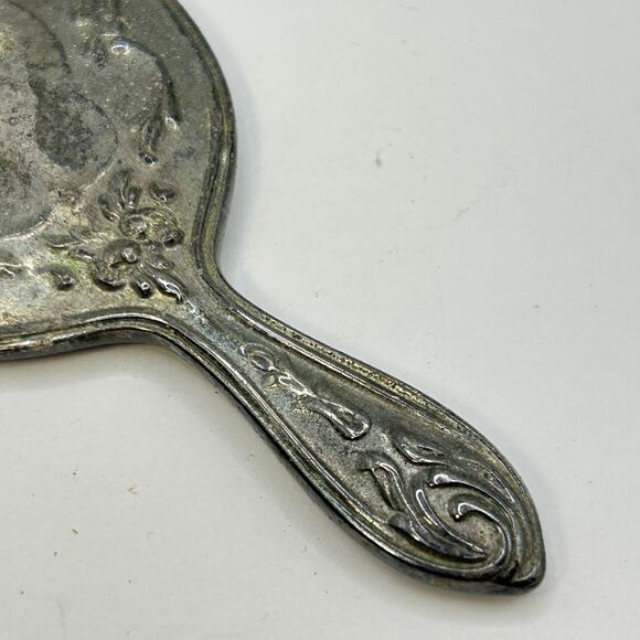 Vintage Antique Small 4 in Handheld Mirror "Alexa" Roses Pewter Signed RB? - Picture 6 of 8